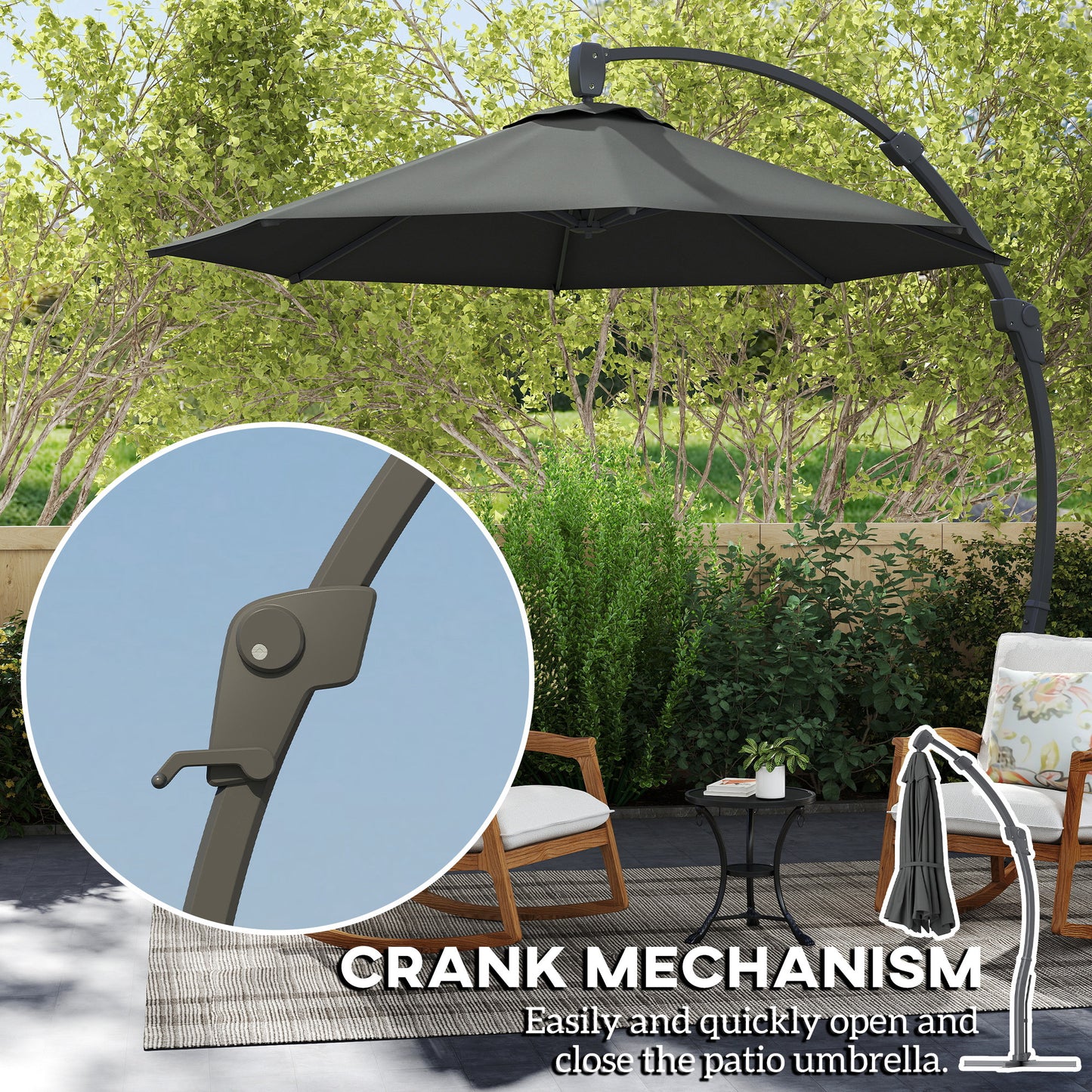 3(m) Garden Cantilever Parasol, Round Overhanging Umbrella with Crank Handle, Cross Base, Aluminium Frame and 360° Rotation