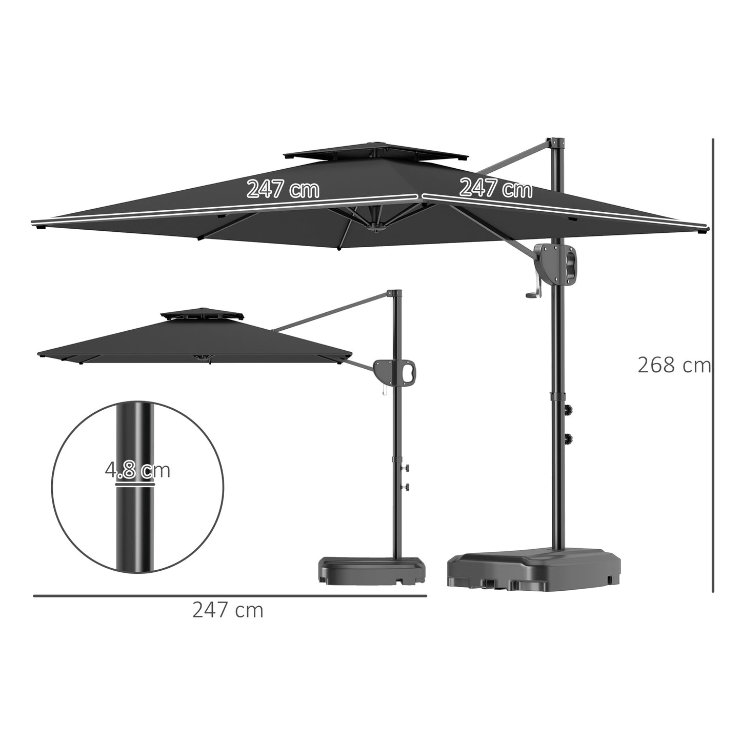 Cantilever Parasol with Weighted Base Double Top Garden Parasol Square Hanging Patio Umbrella with Crank Tilt Dark Grey
