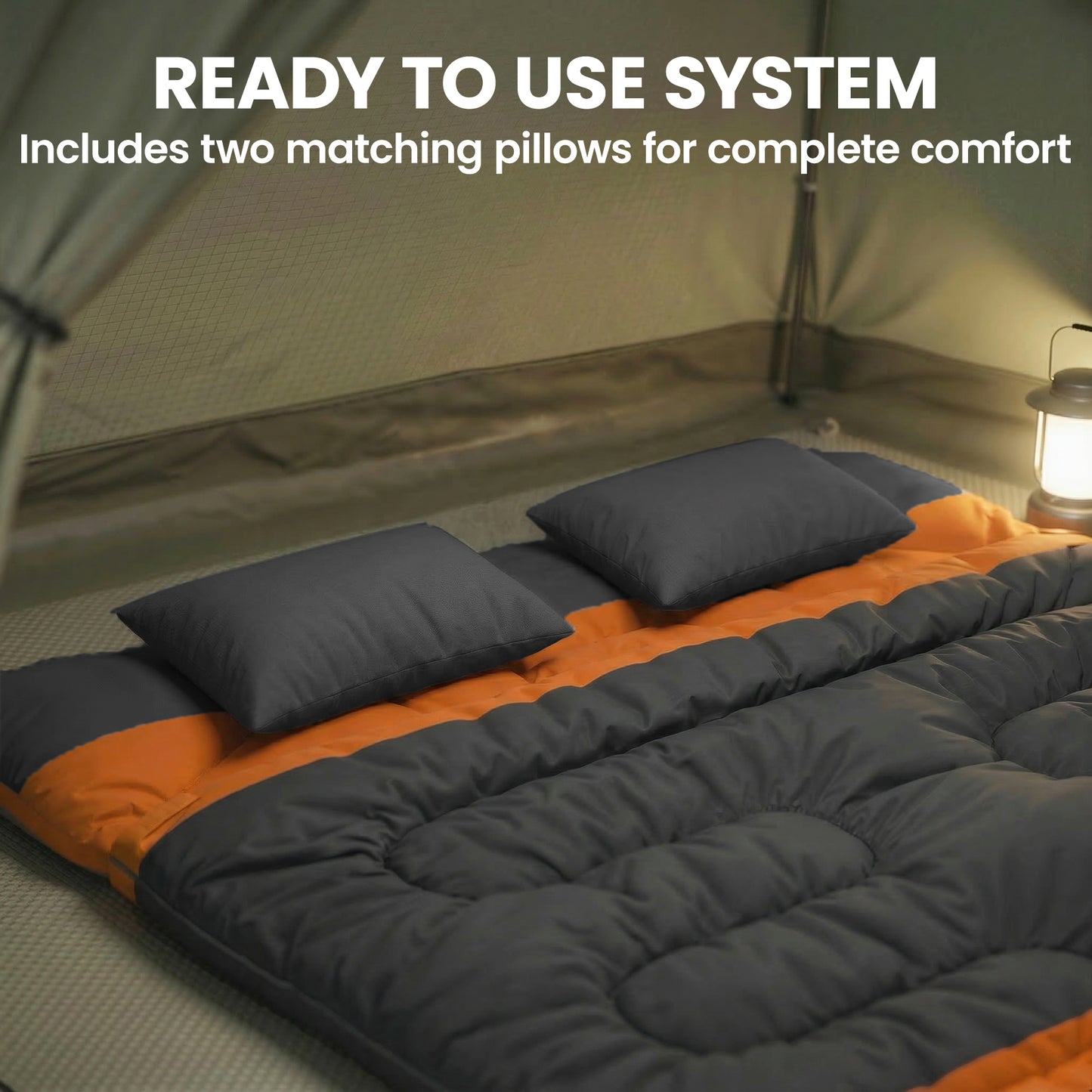 Double Sleeping Bag with 2 Pillows, 220 x 160 cm Extra-Large Sleeping Bag for Adults, Grey and Orange