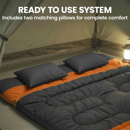 Double Sleeping Bag with 2 Pillows, 220 x 160 cm Extra-Large Sleeping Bag for Adults, Grey and Orange