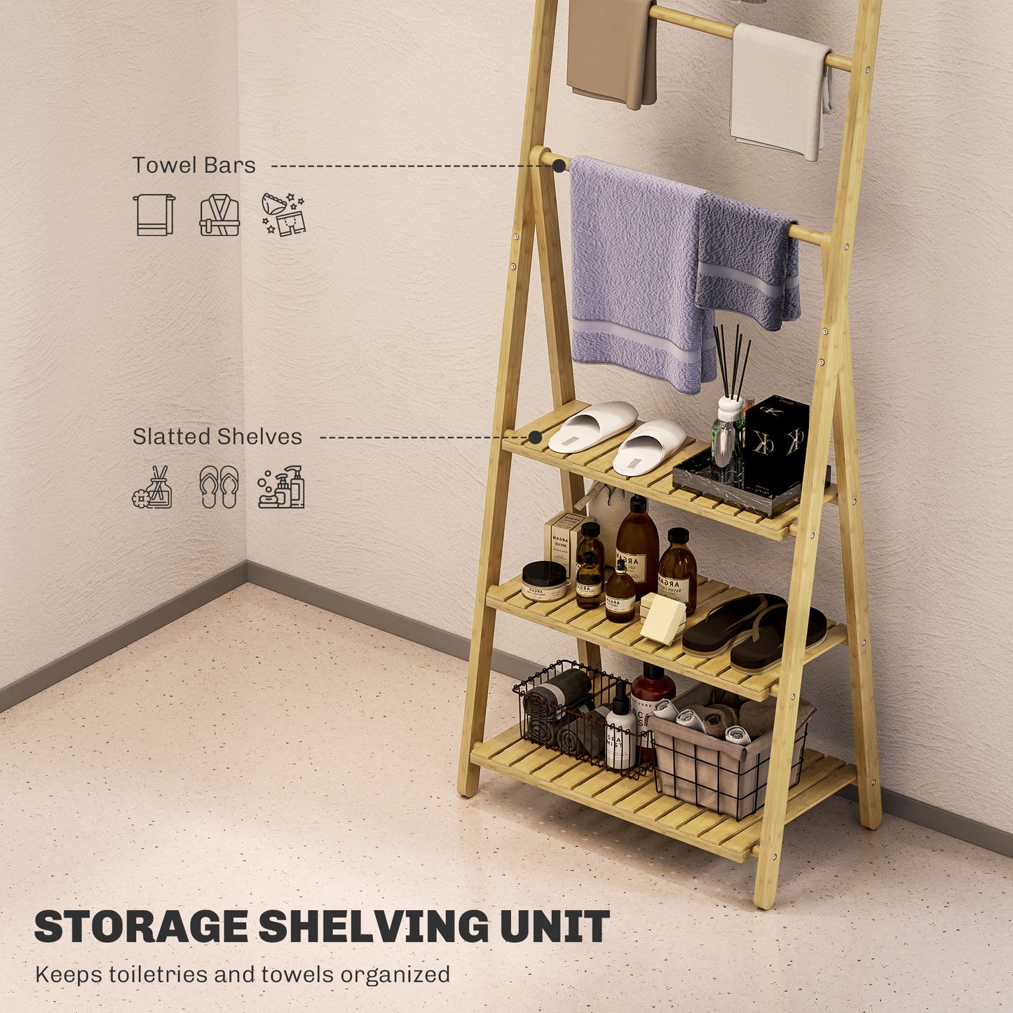 Three-Shelf Bamboo Storage Unit, with Towel Racks - Natural Finish