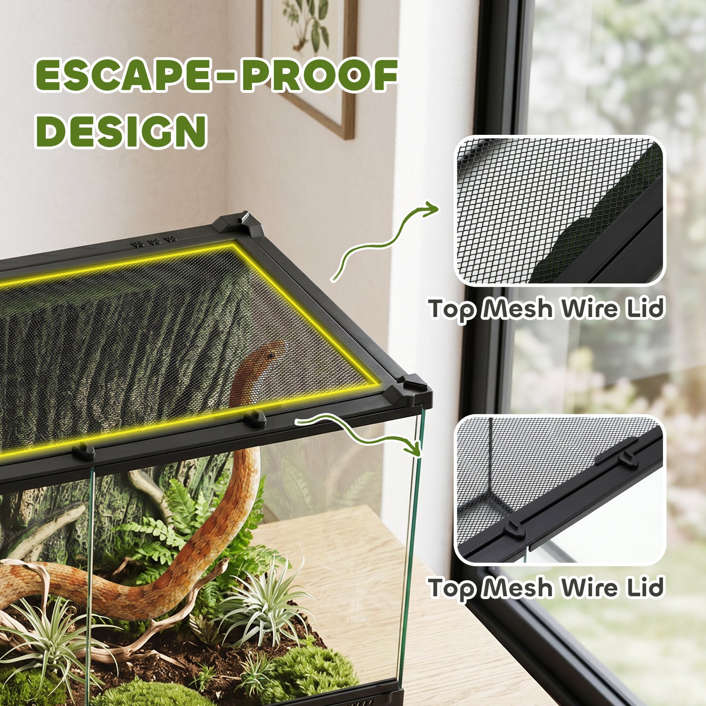 Reptile Glass Terrarium with Stone Background, Front Ventilation, Escape-Proof Knob Lock, 50 x 30 x 35 cm, Black