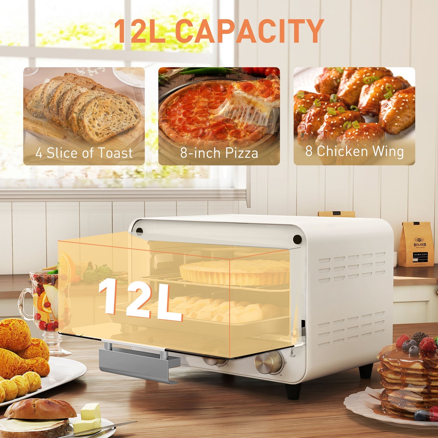 Mini Oven, Small Toaster Oven with Glass Door, Adjustable Temperature and Timer, Accessory Included, 750W, Cream White