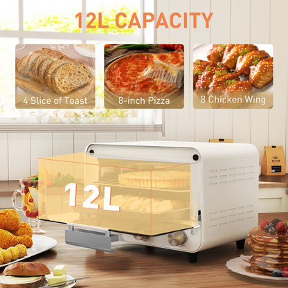 Mini Oven, Small Toaster Oven with Glass Door, Adjustable Temperature and Timer, Accessory Included, 750W, Cream White