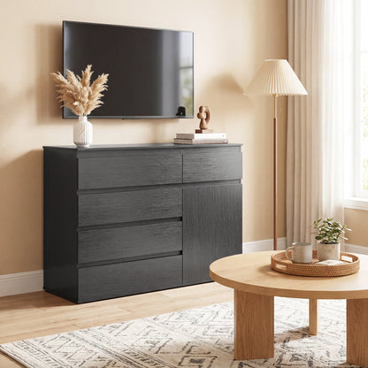 Modern Chest Of Drawers, 5 Drawer Dresser with Adjustable Shelf, Soft-Close Door, Black