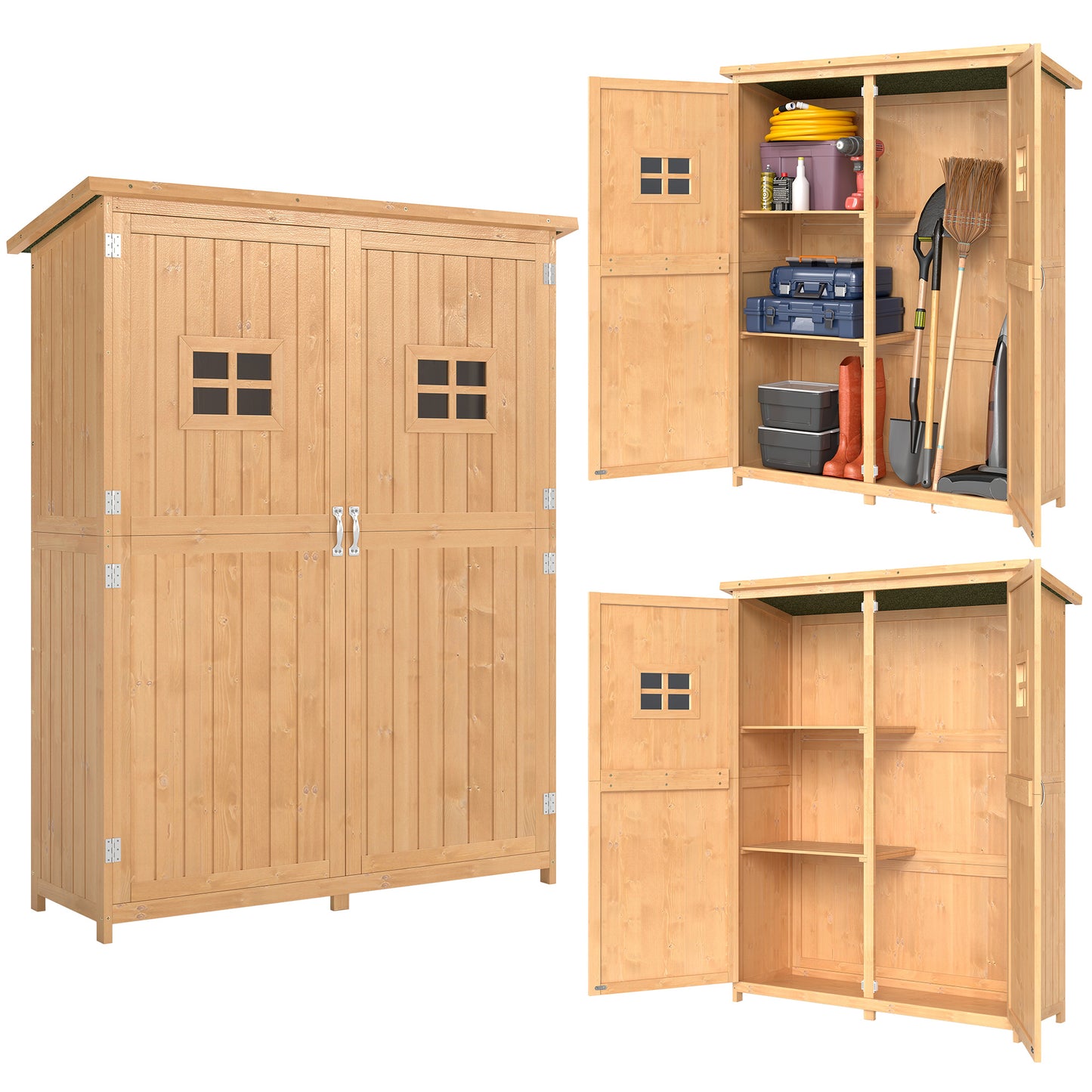 Wooden Garden Shed with Two Windows, Tool Storage Cabinet, Outdoor Double Door Organizer 127.5L x 50W x 164H cm, Natural