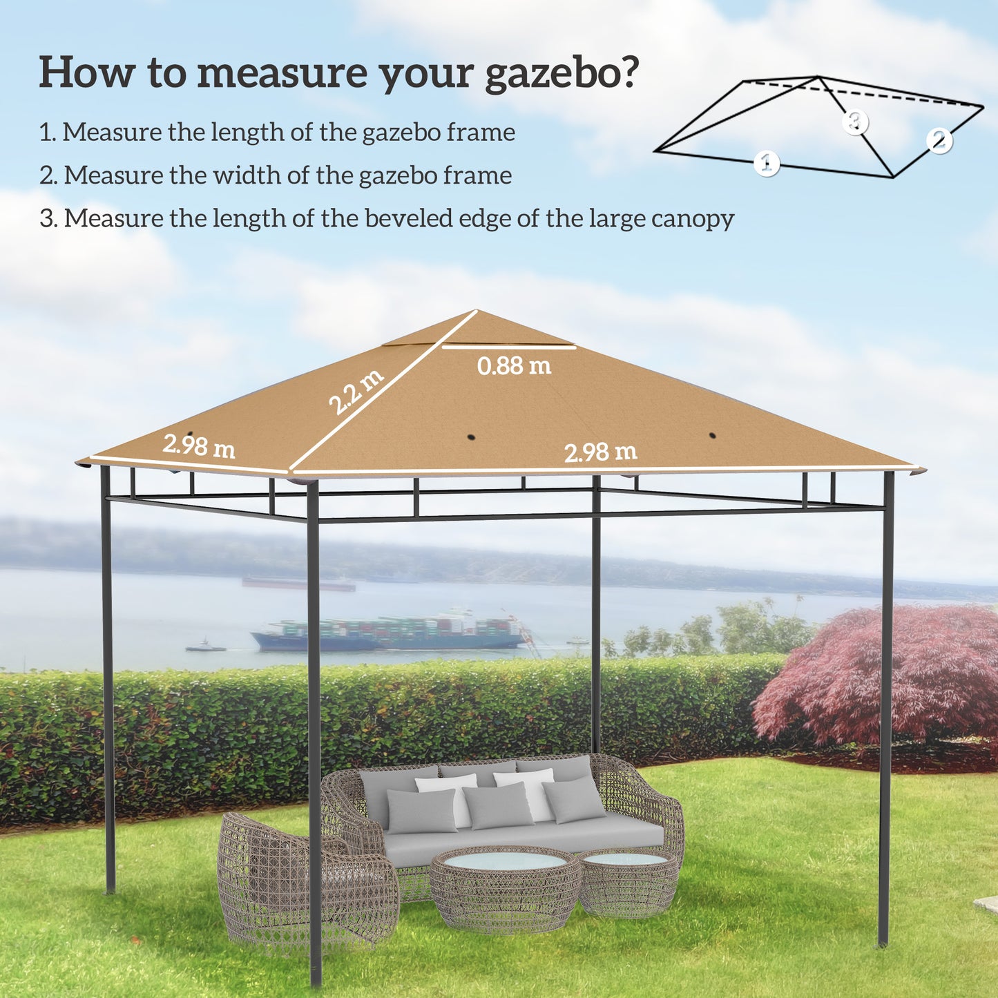 3 x 3 m Gazebo Canopy Replacement Cover, Garden Gazebo Roof Replacement with Drain Holes, TOP COVER ONLY, Beige