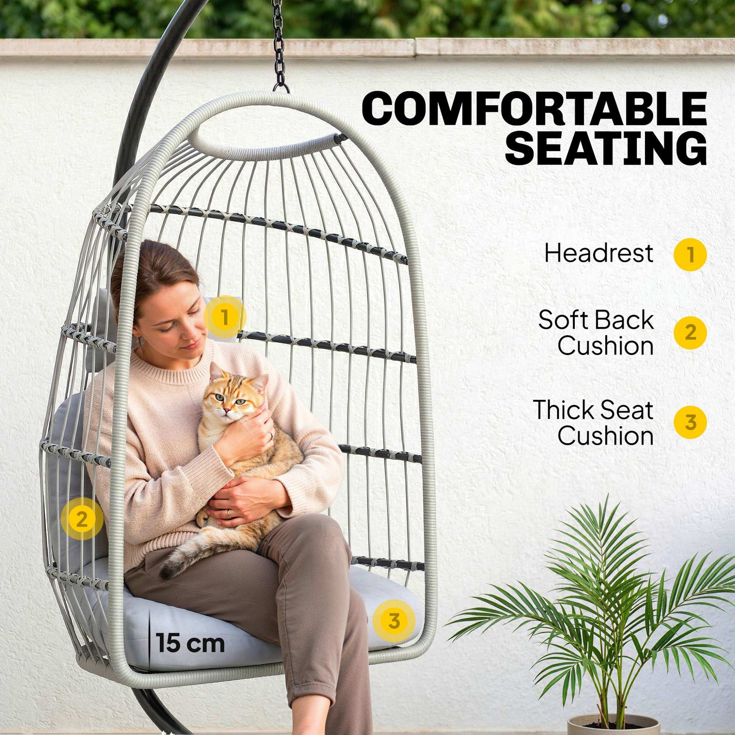 Hanging Egg Chair, Indoor Outdoor Hammock Swing Chair with Stand, Safety Strap, Foldable Basket, Light Grey
