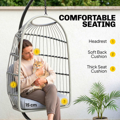 Hanging Egg Chair, Indoor Outdoor Hammock Swing Chair with Stand, Safety Strap, Foldable Basket, Light Grey