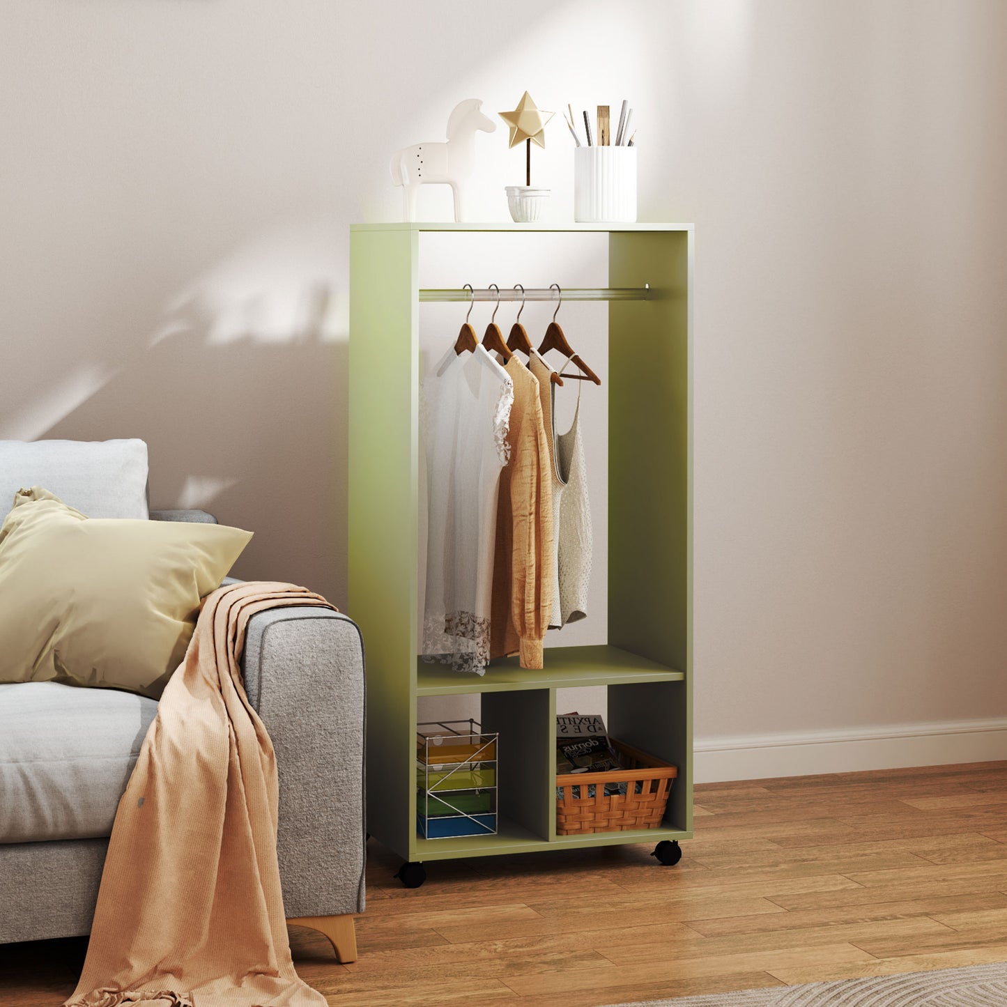 Open Wardrobe on Wheels, Bedroom Wardrobe with Clothes Hanging Rail, 2 Storage Shelves, Mobile Garment Rack for Cloakroom