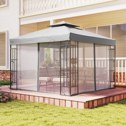 3 x 3(m) Patio Gazebo Canopy Garden Pavilion Tent Shelter with 2 Tier Roof and Mosquito Netting, Light Grey