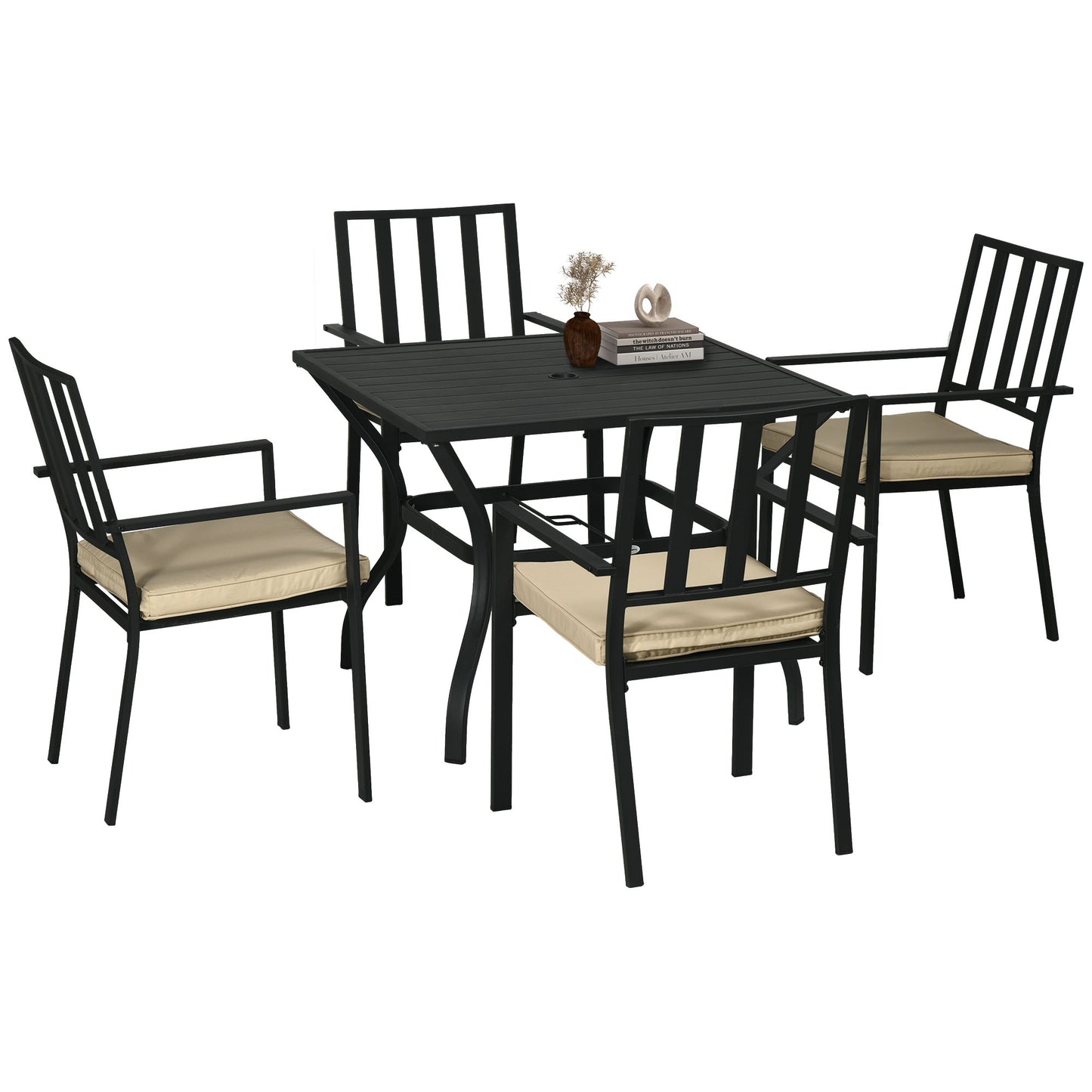 5 Pieces Garden Dining Set with Cushions, Outdoor Patio Table and 4 Stackable Chairs, Metal Top Table with Umbrella Hole