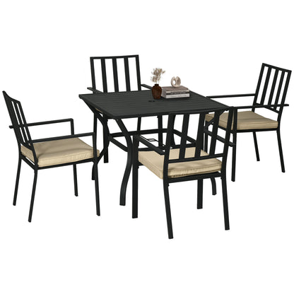 5 Pieces Garden Dining Set with Cushions, Outdoor Patio Table and 4 Stackable Chairs, Metal Top Table with Umbrella Hole