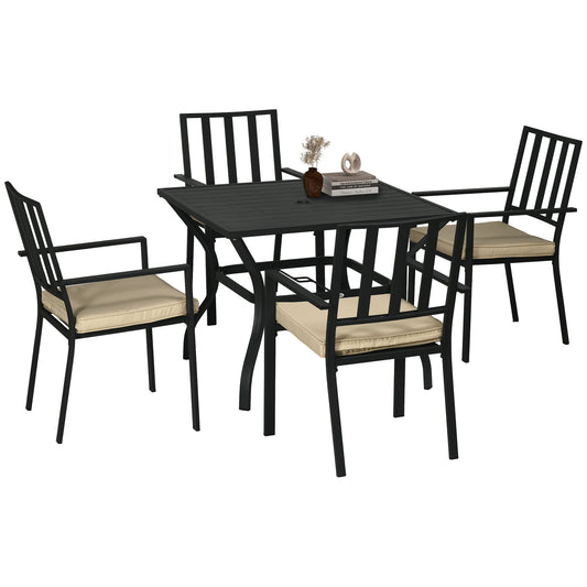 5 Pieces Garden Dining Set with Cushions, Outdoor Patio Table and 4 Stackable Chairs, Metal Top Table with Umbrella Hole