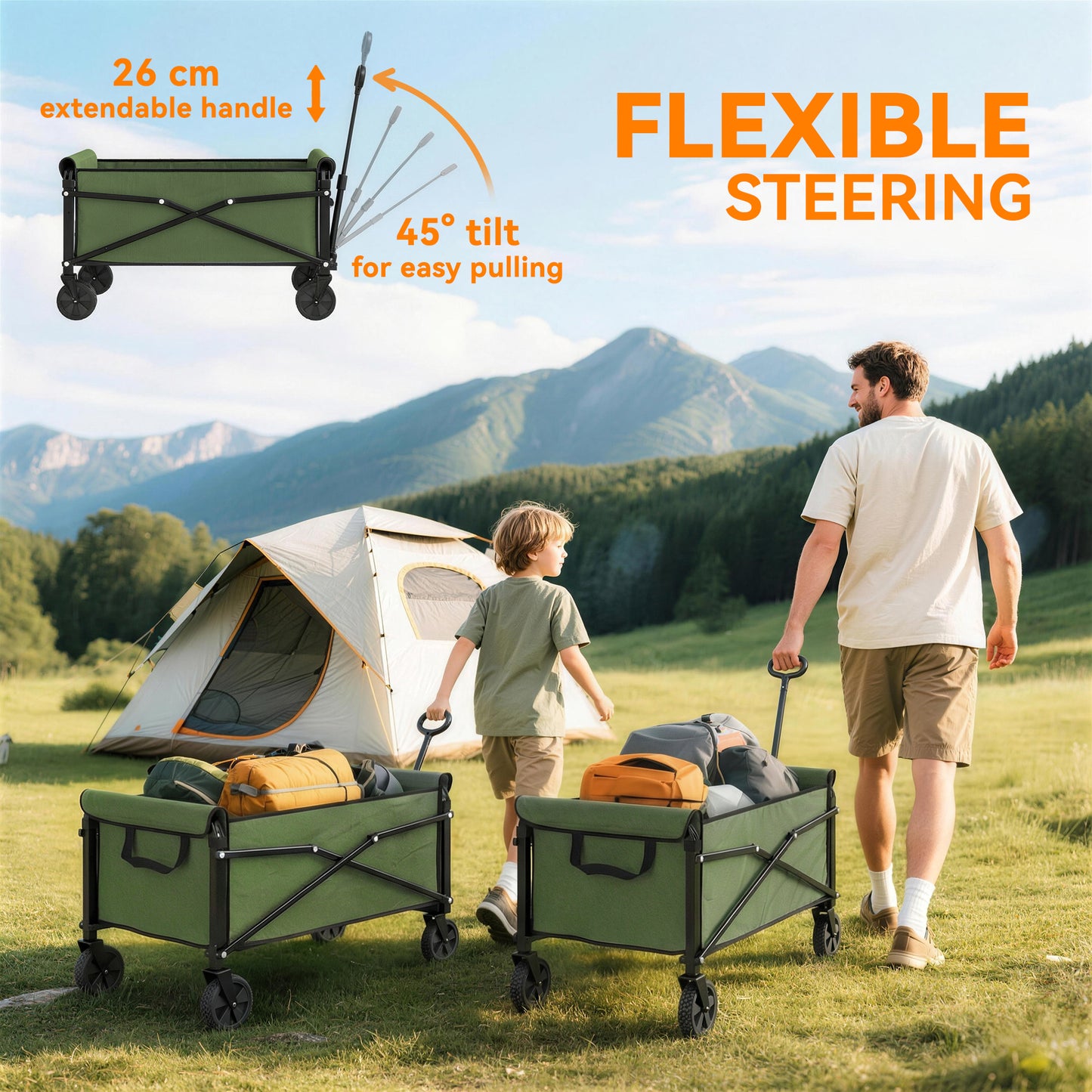 81L Festival Trolley on Wheels, Compact Garden Folding Trolley Cart with Adjustable Handle 80L Green
