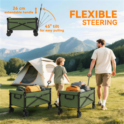 81L Festival Trolley on Wheels, Compact Garden Folding Trolley Cart with Adjustable Handle 80L Green