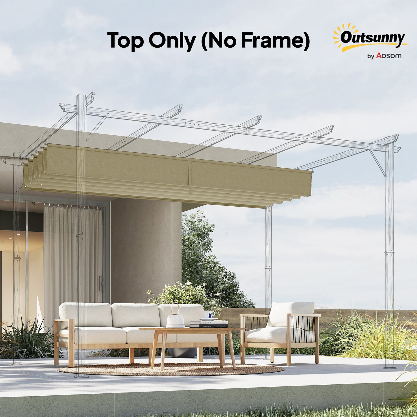 Retractable Pergola Cover, 3.5 x 2.6 m Replacement Canopy Fabric for 4 x 3 m Frame, Roof Top Only, Beige