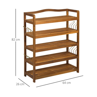 5-Tier Shoe Rack, Acacia Wooden Shoe Storage Organiser with Hangers, Holds up to 19 Pairs, for Entryway, Living Room
