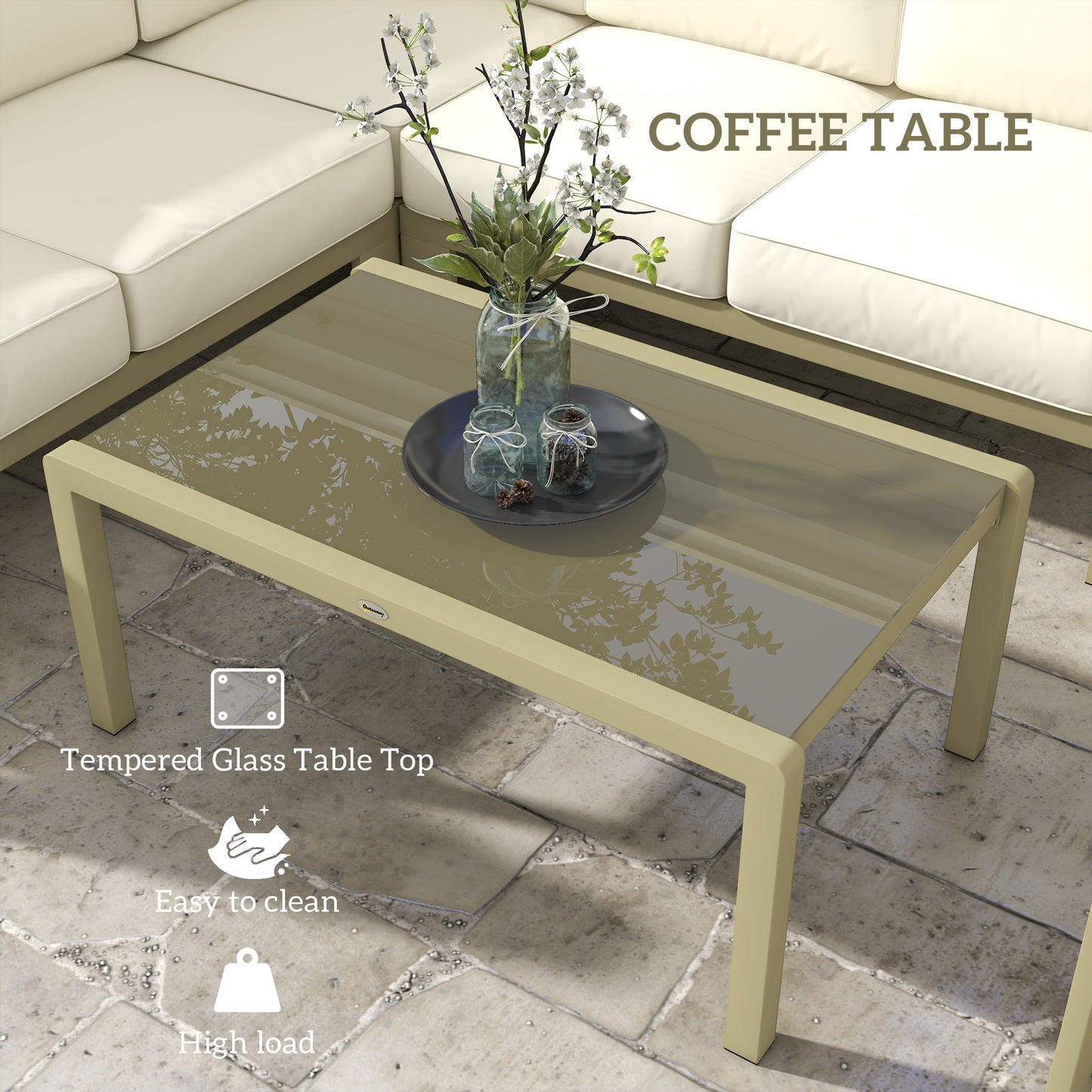 5-Piece Garden Corner Sofa Set with Cushions, 6 Seater Aluminium Garden Furniture Set with Glass Top Coffee Table