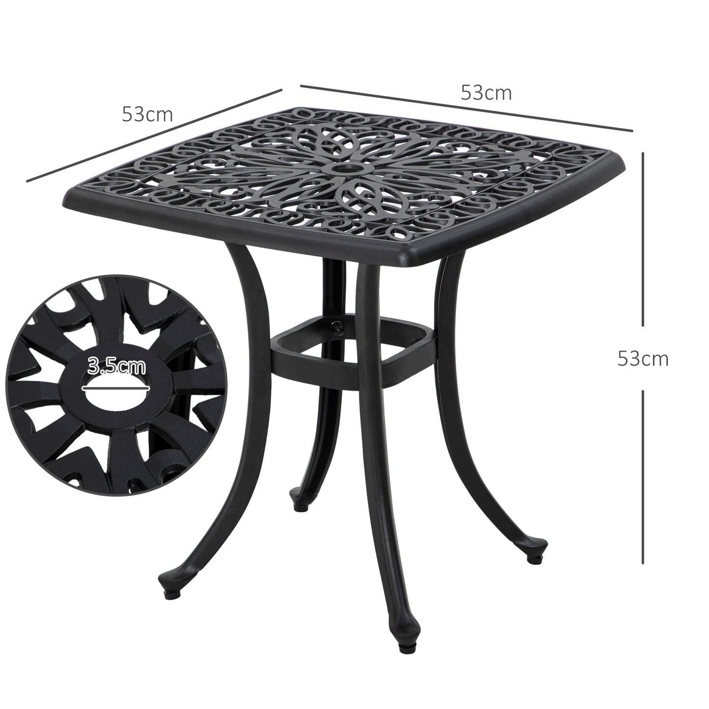Cast Aluminium Bistro Table, Outdoor Square Side Table with Umbrella Hole, Garden Table for Balcony, Black