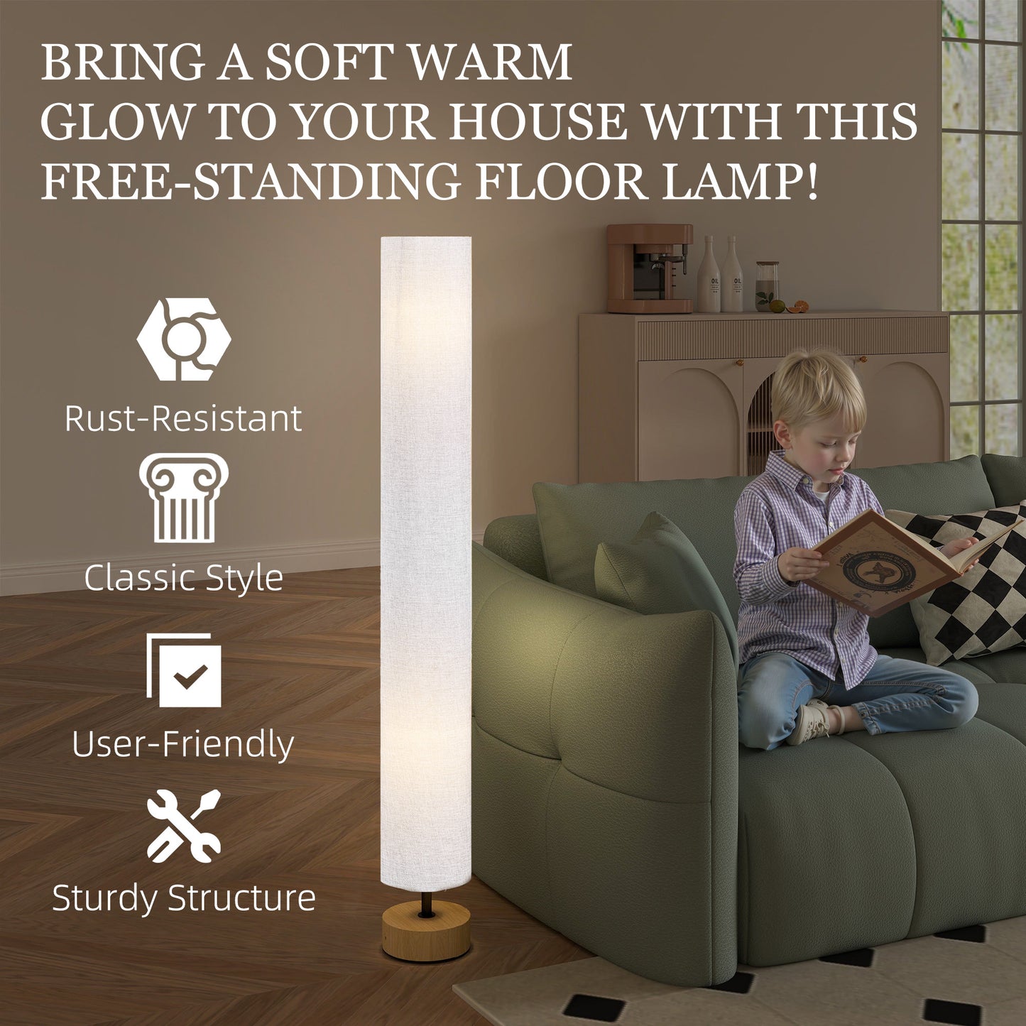 Floor Lamp for Living Room, 47" Modern Standing Lamp with Linen Shade, Wooden Base, Grey