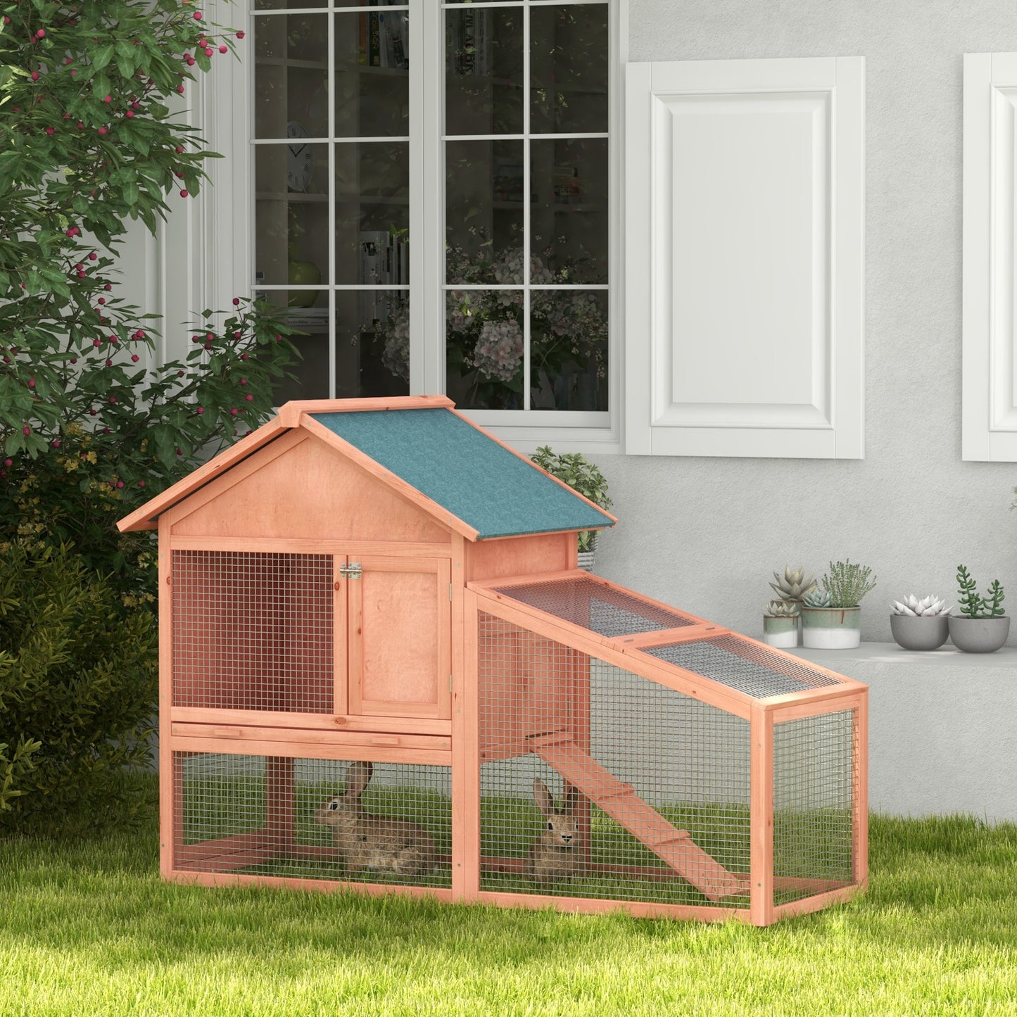 2 Tier Rabbit Hutch Outdoor, Guinea Pig Hutch, Solid Wood Bunny House