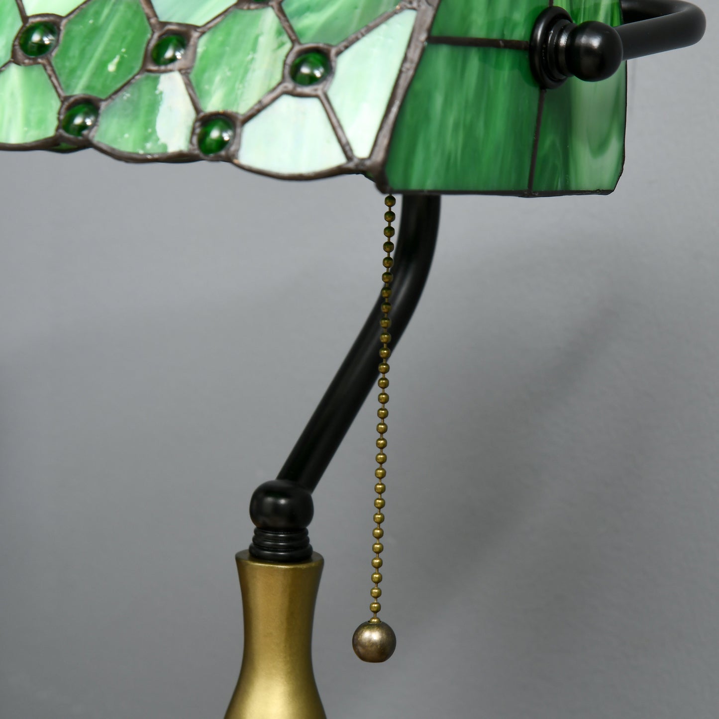 Stained Glass Table Lamp, Vintage Lamp with Green Handmade Shade, Metal Base