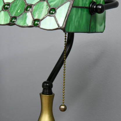 Stained Glass Table Lamp, Vintage Lamp with Green Handmade Shade, Metal Base