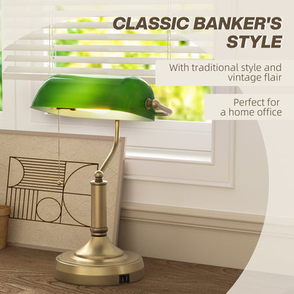 Desk Lamp with USB Ports, Banker's Table Lamp Desk Lamp with Vintage Bronze Tone Base and Pull Rope Switch, Green
