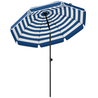 1.8 m Beach Umbrella Parasol with Sand Anchor, Portable 30° Tilting Patio Sun Shade with Adjustable Height, Blue/White