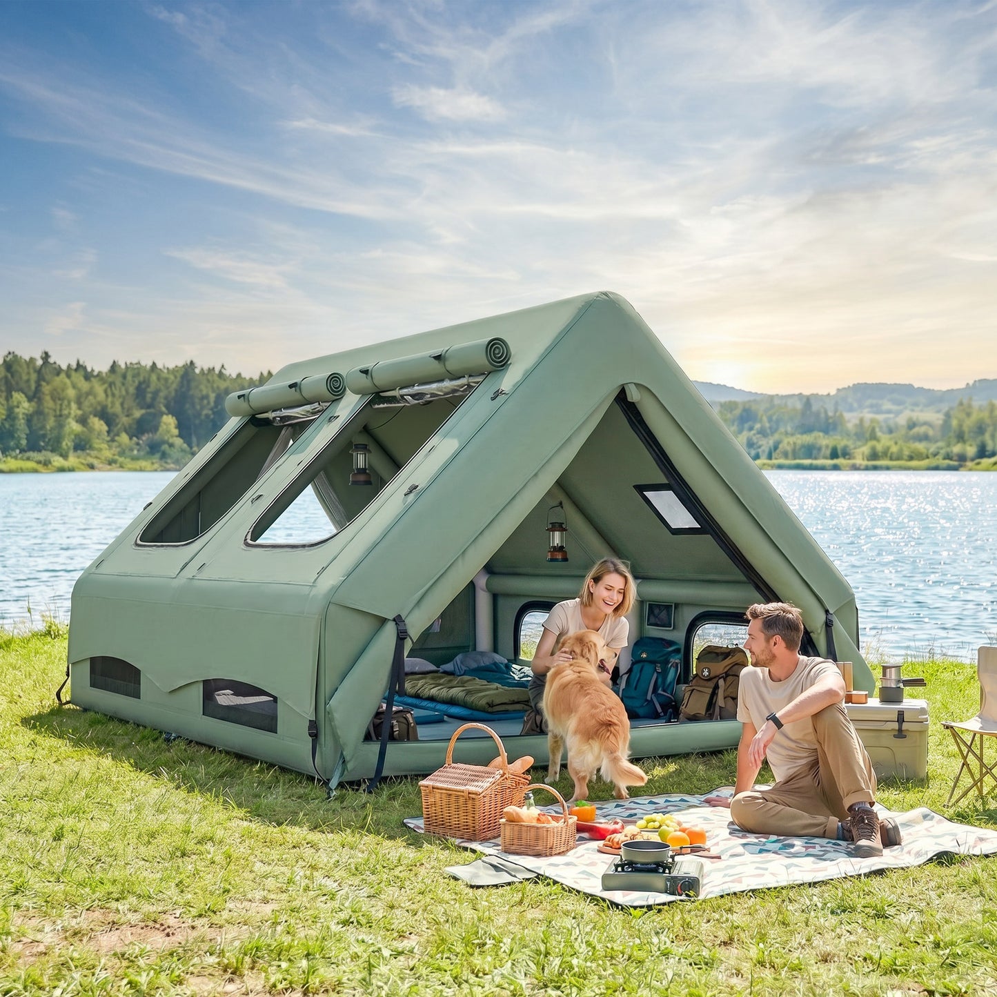 Inflatable Camping Tent, 4 Season Hot Tent 10000mm Waterproof with Chimney Opening, Sky Light and Air Pump, Green