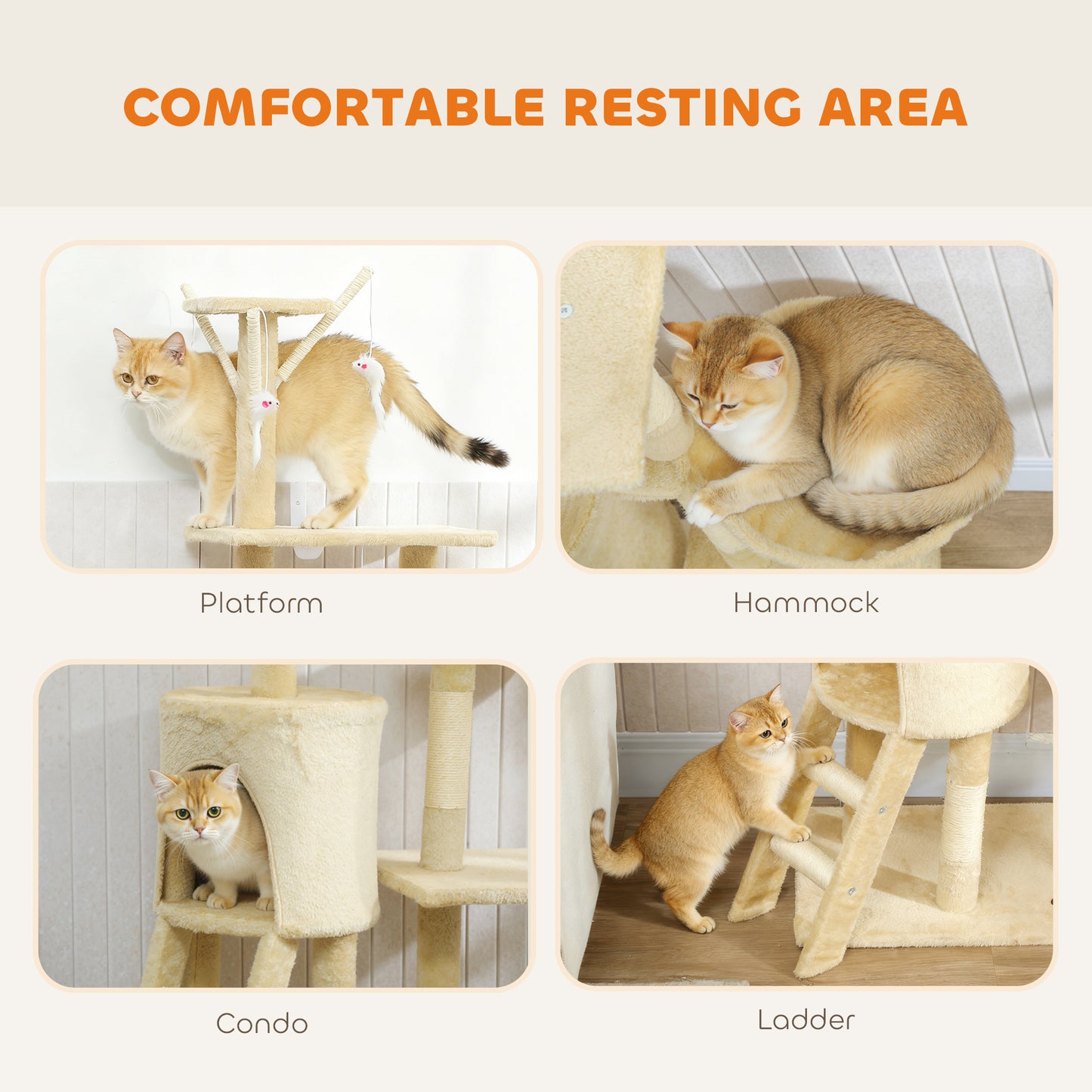 Multi-Level Cat Tower, 134cm Cat Tree with Condo and Sisal Scratching Posts for Indoor Kittens, Beige