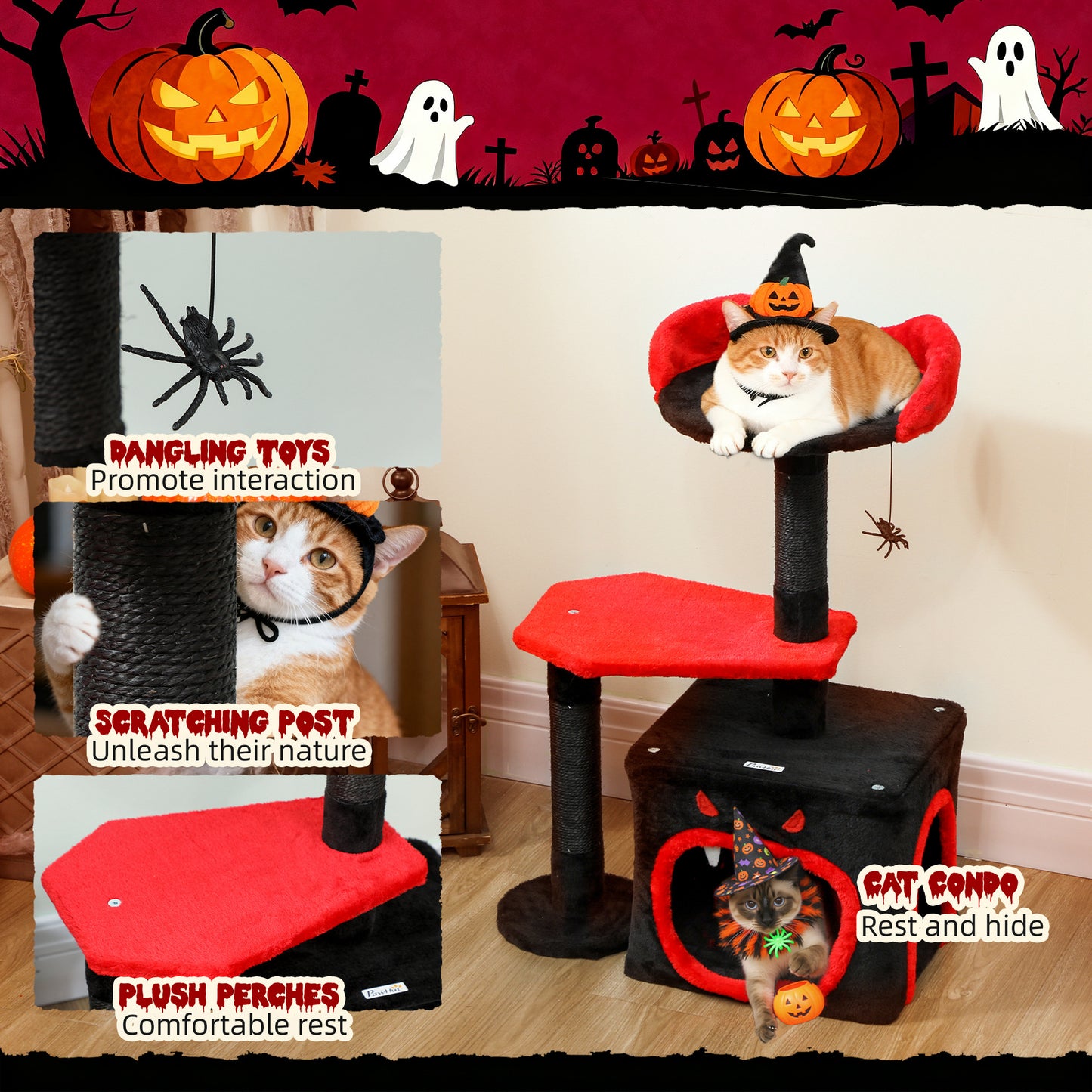 Cat Tree, Gothic Cat Tower with Scratching Posts, Cute Condo, Coffin Platform, Bed and Spider Toy, Halloween