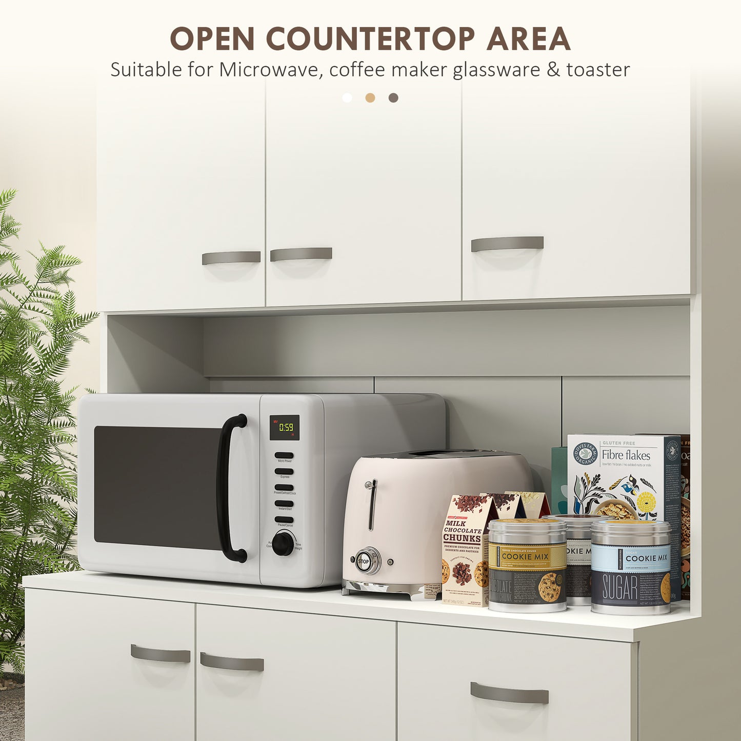 Freestanding Kitchen Pantry Storage Cabinet with Adjustable Shelves & Middle Worktop - White