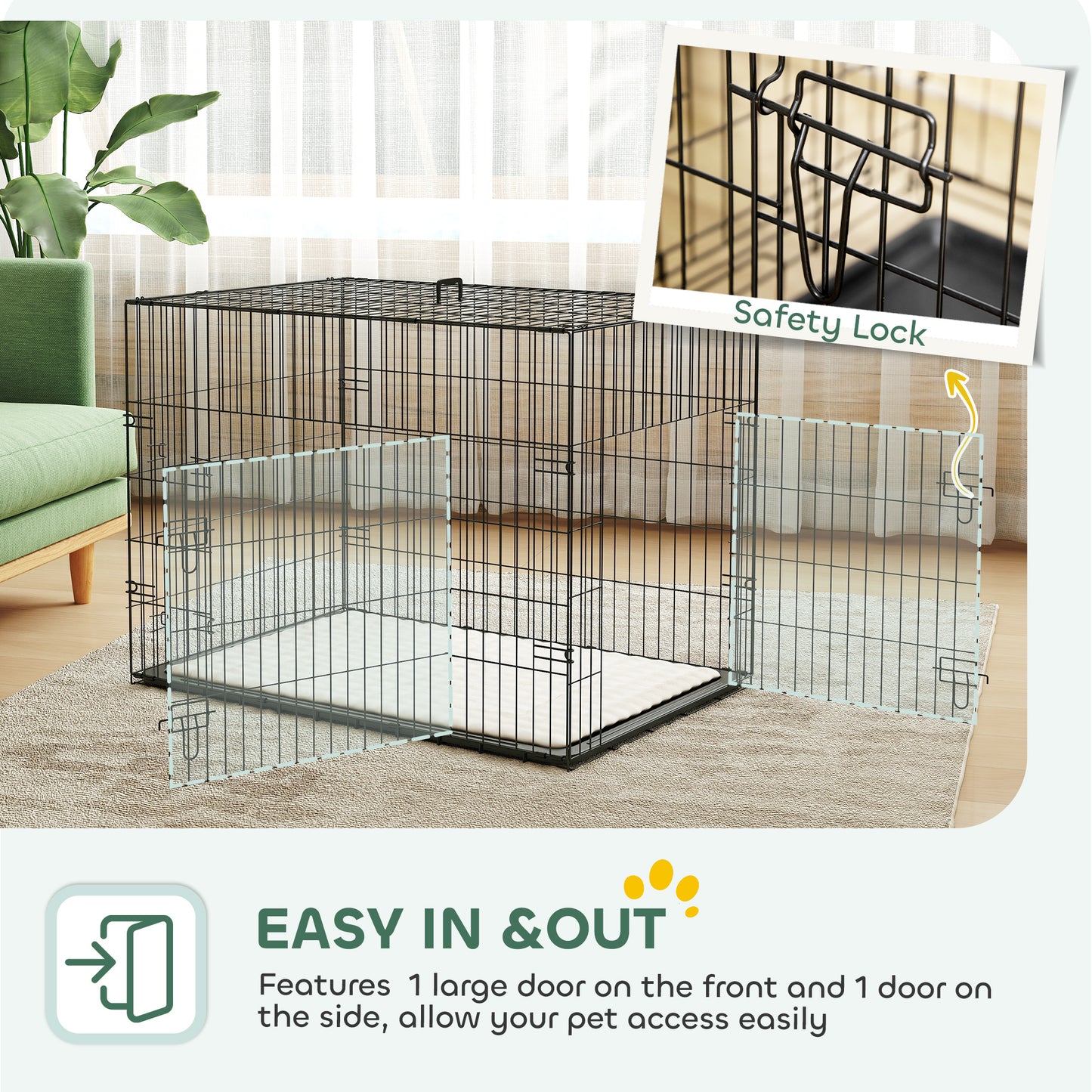 Foldable Dog Crate with 2 Doors with Tray, Soft Cushion, for Large Medium Dogs, 90 x 58 x 62, Black