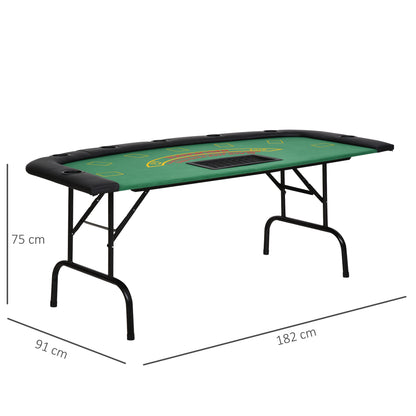 Poker Table, 7-Player Folding Blackjack Table with Chip Tray, Cup Holders, Padded Rails, 182 x 91 x 75 cm, Green