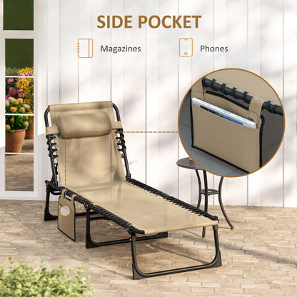 Portable Sun Lounger, Folding Camping Bed Cot, Reclining Lounge Chair 5-position Adjustable Backrest with Side Pocket