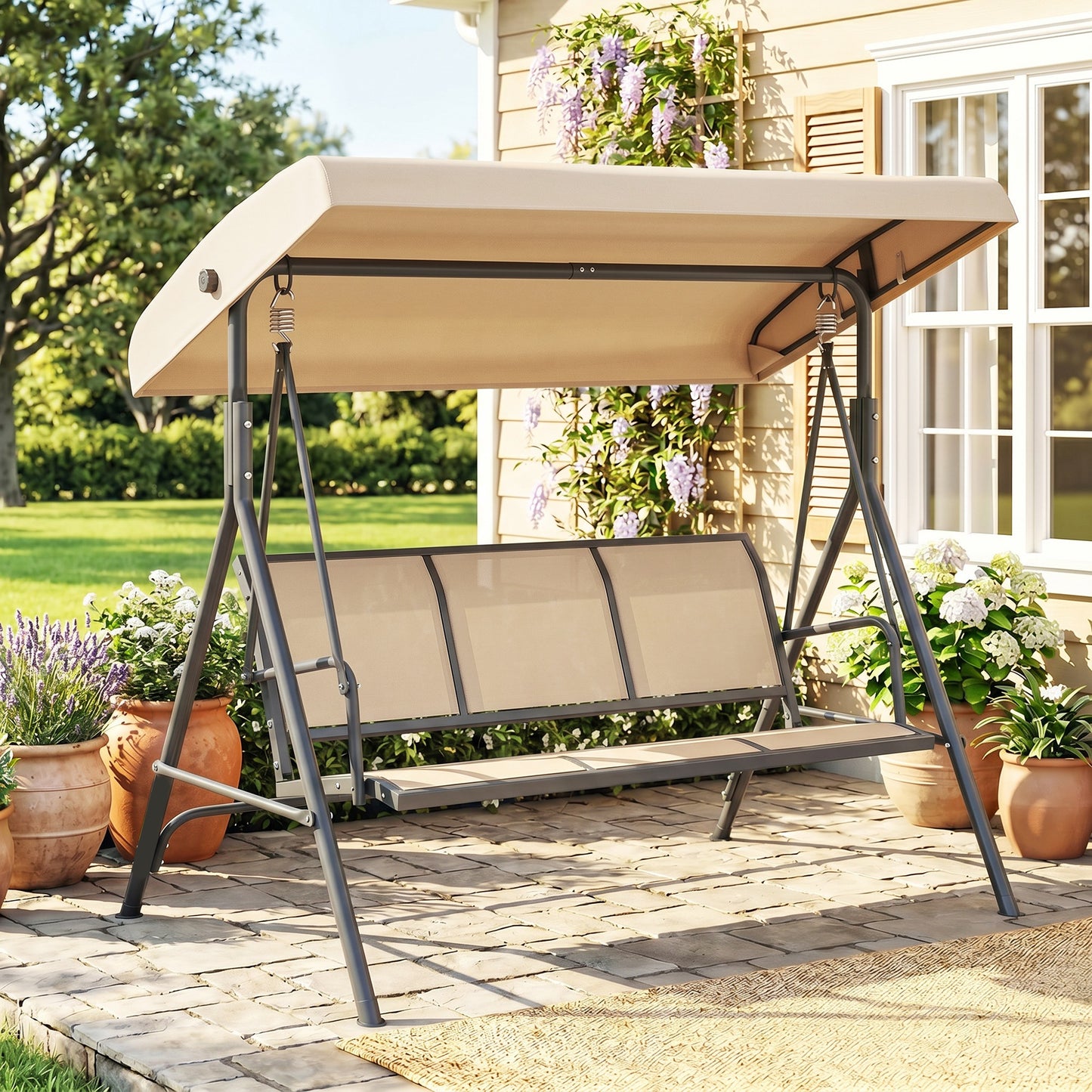 3 Seater Swing Chair, Garden Swing Bench with Adjustable Tilting Canopy