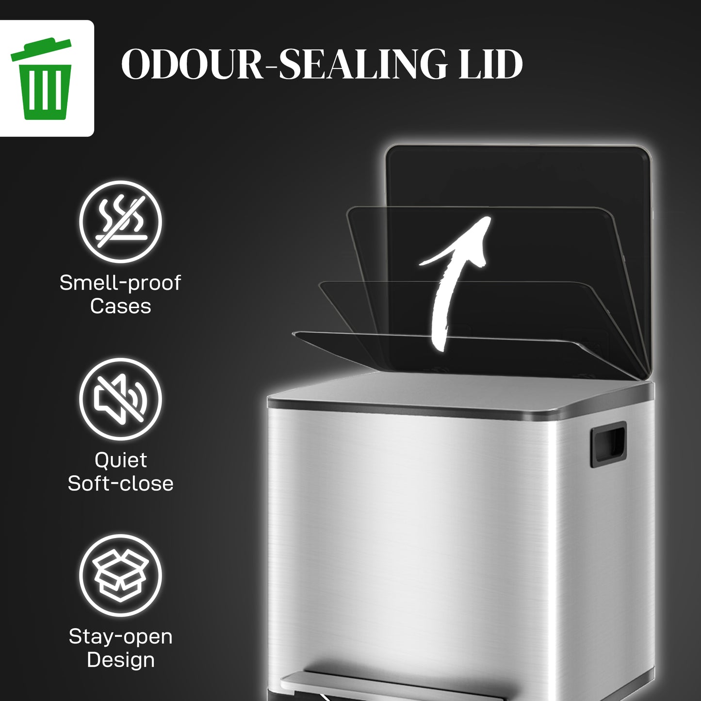 30L Dual Compartment Stainless Steel Bin, with Deodoriser Holders - Silver Tone