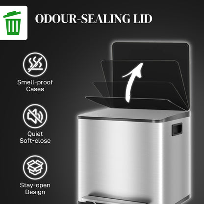 30L Dual Compartment Stainless Steel Bin, with Deodoriser Holders - Silver Tone