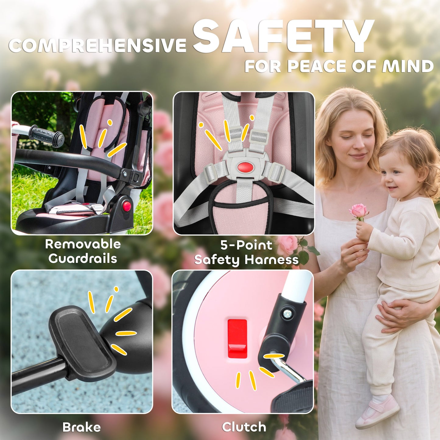6 in 1 Foldable Kids Trike with Adjustable Parent Handle & Canopy for Ages 1-5, Pink