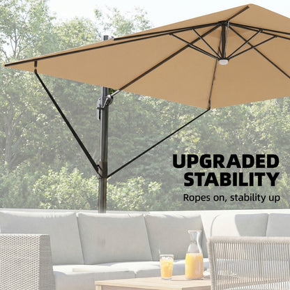 3 x 3 m Garden Cantilever Parasol with Light, Umbrella with Wind Protection, 360° Rotation, Khaki