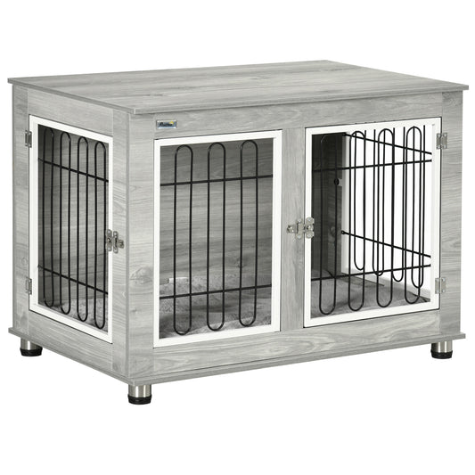 Dog Crate Furniture, Dog Cage End Table. with Soft Cushion, Double Door, for Medium/Large Dogs, Grey