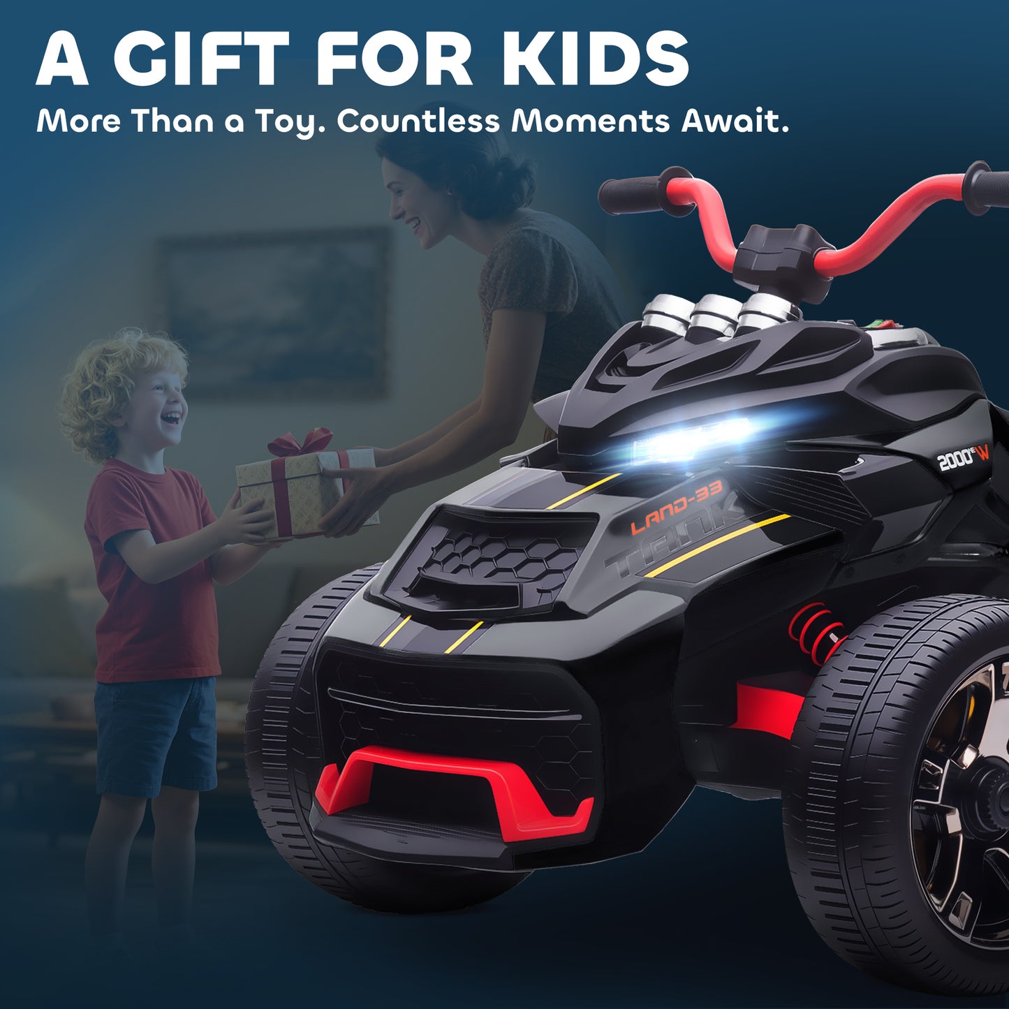 12V Kids Electric Ride On Car with 3 Wheeler, MP3 Player, Horn, 2 Speeds, LED Lights for Boys & Girls Ages 3-8, Black