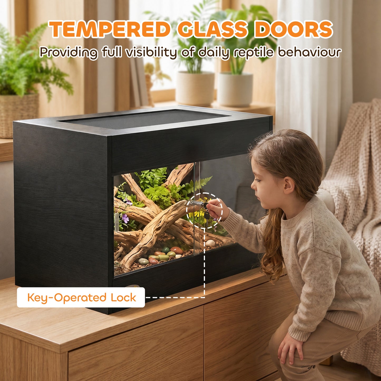 Reptile Terrarium, Reptile Vivarium with Glass Doors, Secure Lock, Top Ventilation for Snake, Gecko, 60x45x45cm, Black
