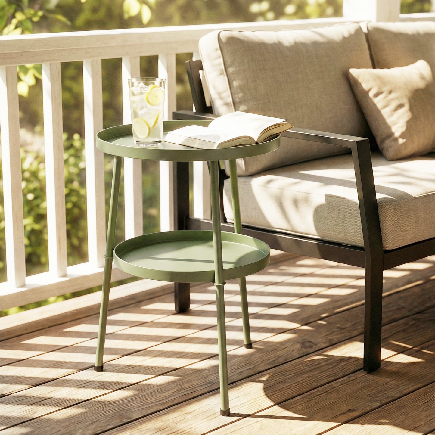 Patio Side Table, 2-Tier Round Coffee End Table for Garden Balcony Living Room Bedroom, Light Green