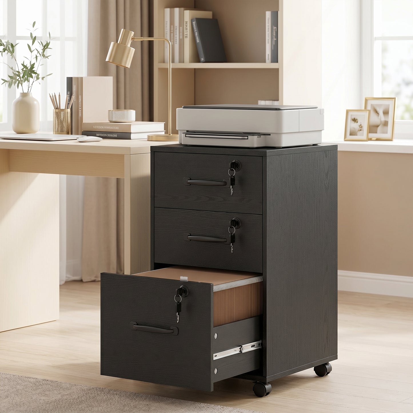 Three Drawer Wood-Effect Filing Cabinet - Black