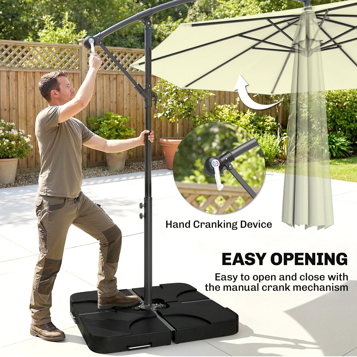 3m Overhanging Parasol, with Base, Weights and Cover - Beige