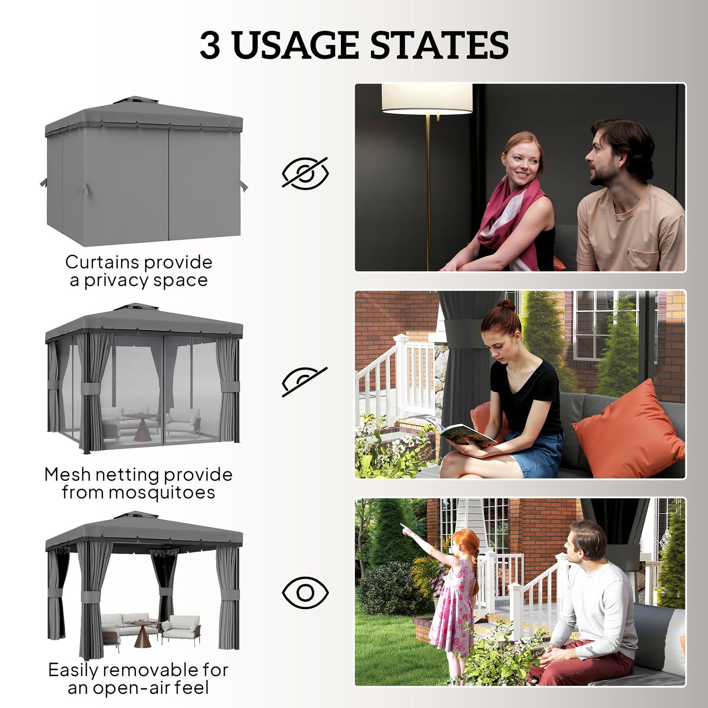 3 x 3(m) Patio Gazebo Canopy Garden Pavilion Tent Shelter Marquee with 2 Tier Roof, Netting and Curtains, Light Grey
