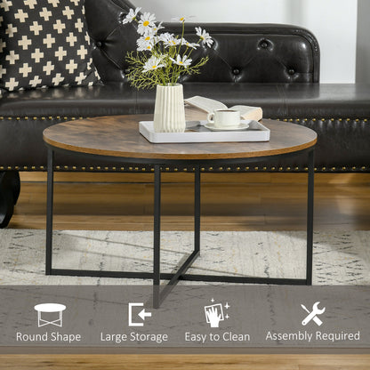 Round Coffee Table, Industrial Side Table with Metal Frame, Large Coffee Tables for Living Room, Bedroom, Rustic Brown